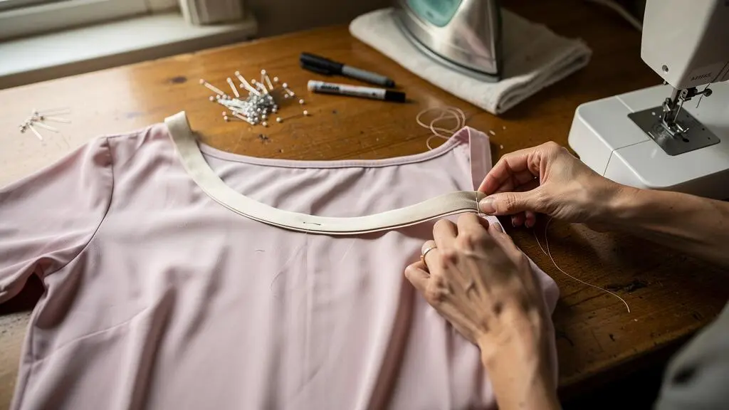 Des mains épinglent un ruban de biais plié le long de l'encolure courbe d'un blouse en viscose posée sur une table de couture.