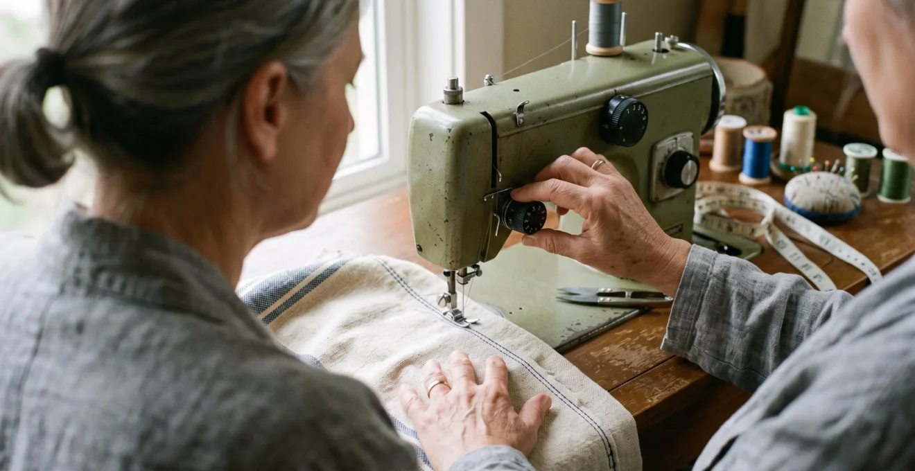 Une personne ajuste la molette de longueur de point d'une machine à coudre avant de piquer une couture sur un coton moyen.
