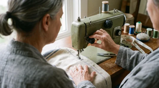 Une personne ajuste la molette de longueur de point d'une machine à coudre avant de piquer une couture sur un coton moyen.