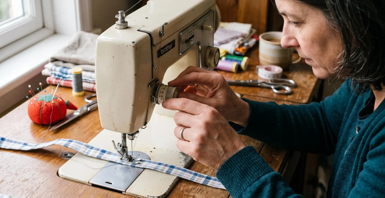 Une couturière règle la molette de longueur de point sur le côté de sa machine à coudre, une bande de tissu de coton clair passant sous le pied de biche.