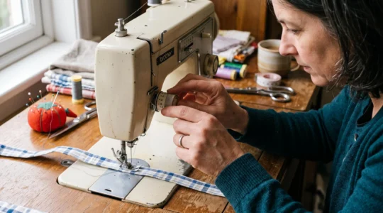Une couturière règle la molette de longueur de point sur le côté de sa machine à coudre, une bande de tissu de coton clair passant sous le pied de biche.