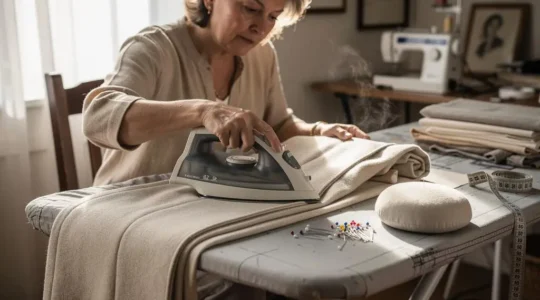 Une couturière repasse une couture sur un vêtement pour vérifier qu'aucune bosse ne se forme sur l'endroit du tissu.