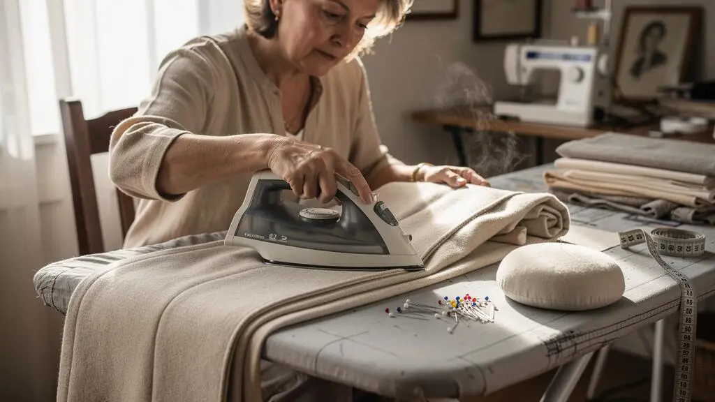 Une couturière repasse une couture sur un vêtement pour vérifier qu'aucune bosse ne se forme sur l'endroit du tissu.