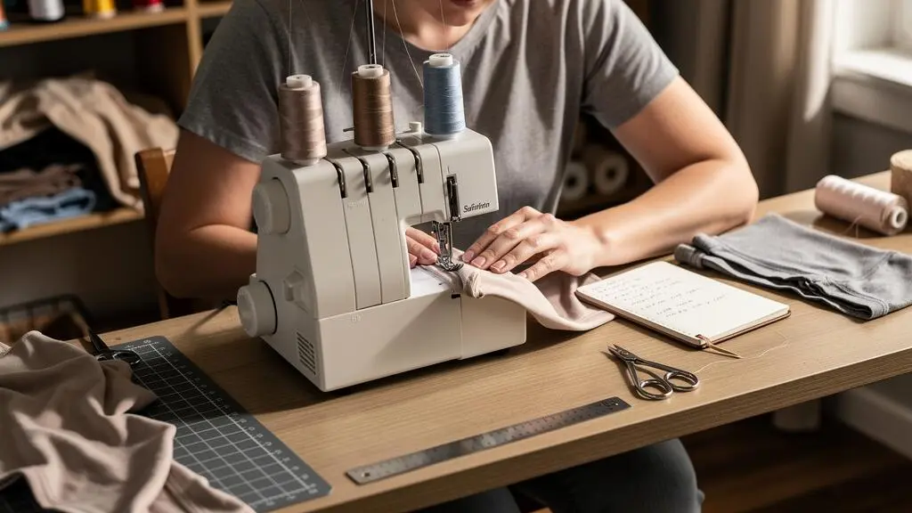 Une couturière surjette une bande de jersey sur sa surjeteuse, avec des chutes de tissu et un carnet de réglages posés sur la table à côté de la machine.