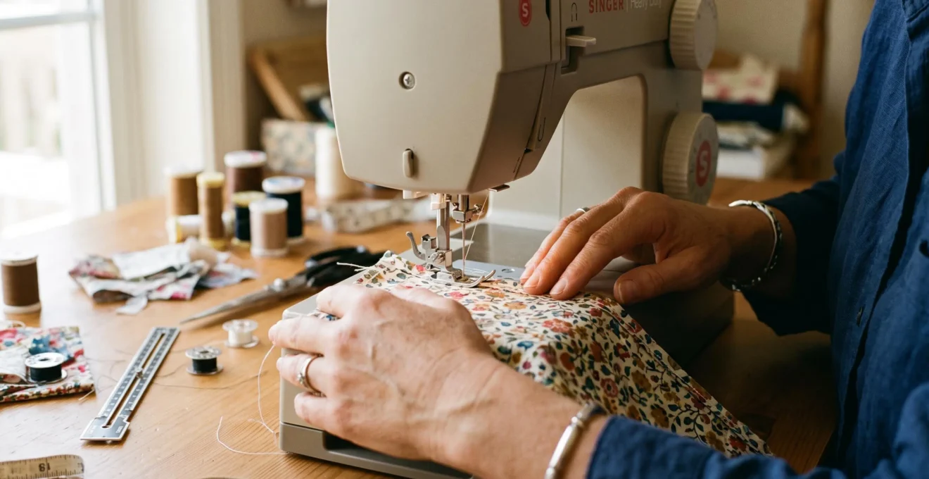 Des mains guident un tissu sous le pied-de-biche d'une machine à coudre pendant une surpiqûre le long du bord.