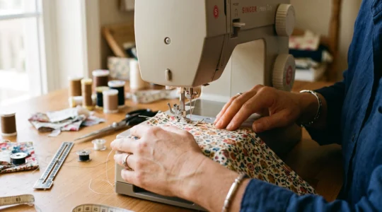 Des mains guident un tissu sous le pied-de-biche d'une machine à coudre pendant une surpiqûre le long du bord.