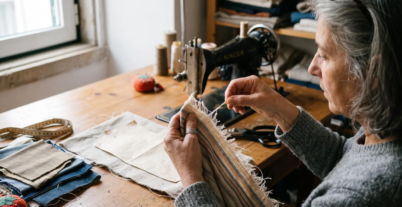 Une couturière tire un fil sur la tranche effilochée d'un tissu de coton, avec une machine à coudre classique en arrière-plan de son atelier.