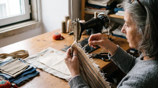 Une couturière tire un fil sur la tranche effilochée d'un tissu de coton, avec une machine à coudre classique en arrière-plan de son atelier.