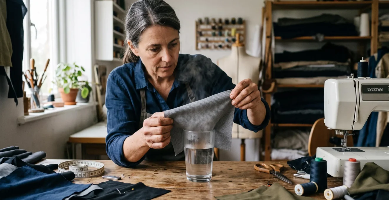 Une couturière teste la respirabilité d'une étoffe technique en la posant sur un verre d'eau chaude fumante dans son atelier