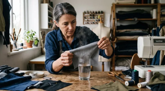 Une couturière teste la respirabilité d'une étoffe technique en la posant sur un verre d'eau chaude fumante dans son atelier