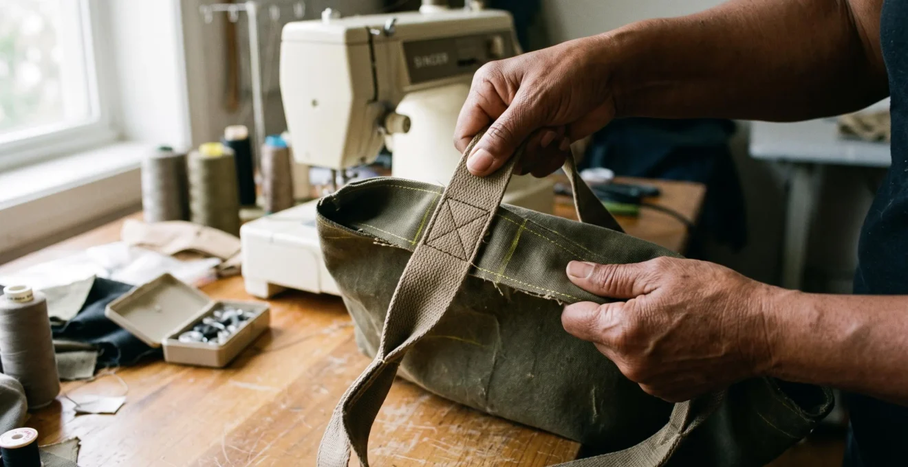 Des mains tirent fermement sur une sangle de sac en toile cousue pour vérifier la solidité d'une couture renforcée, avec une machine à coudre en arrière-plan.