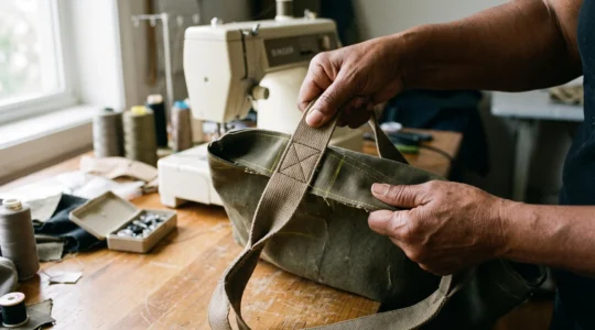 Des mains tirent fermement sur une sangle de sac en toile cousue pour vérifier la solidité d'une couture renforcée, avec une machine à coudre en arrière-plan.