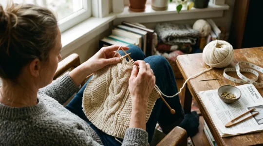 Une personne tricote un panneau torsadé sur aiguilles circulaires près d'une fenêtre, le relief des croisements visible entre les mailles.